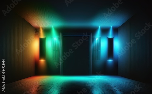 illustration of spotlights shine on stage floor in dark room  idea for background  backdrop  mock up Generative Ai 