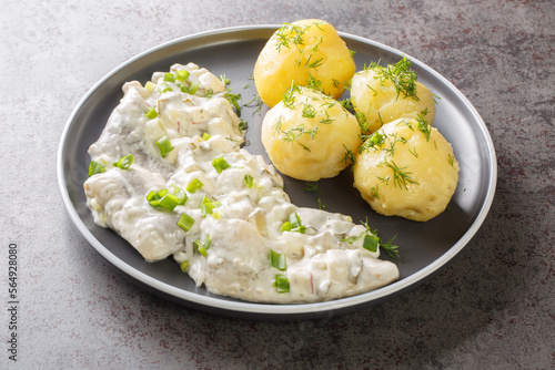 Herring fillet with apples, pickles, onions in a creamy sauce with a side dish of boiled potatoes close-up in a plate on the table. horizontal