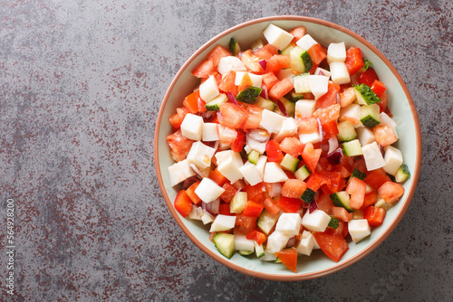 Obraz na plátně conch ceviche salad with vegetables such as tomatoes, cucumbers, onions, peppers close-up in a bowl on the table