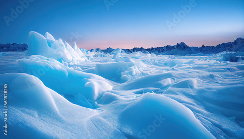 A stunning view of Antarctica's icy terrain with snow-capped mountains, floating icebergs and a white-covered landscape.