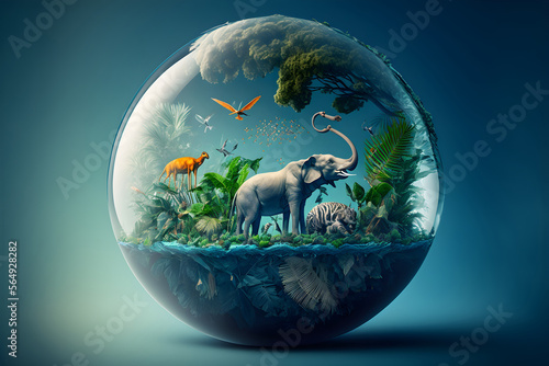 Crystal Earth glass globe ball and jungle flora, safari animals on blue sunny background. Saving environment, save clean planet and ecology