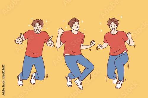 Jumping young man making winning gestures feeling joy and happiness from winning bet or jackpot. Guy in casual clothes and sneakers show overjoyed at achieving ambitious goals. Flat vector image