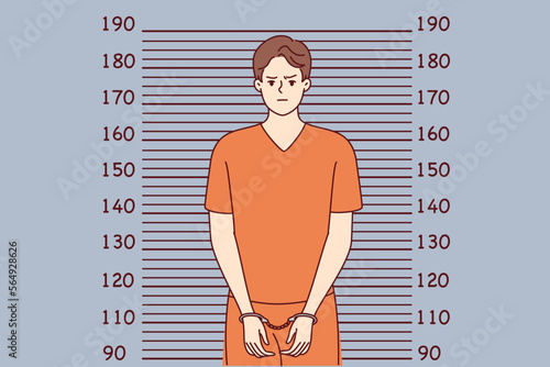 Man in handcuffs and orange clothes stands near lines for measuring height. Guy who broke law and went to jail poses for picture of criminal intended for personal file. Flat vector image