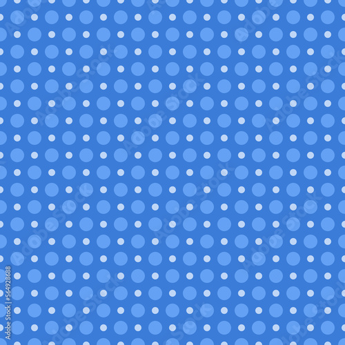Small and large light blue black polka dots isolated on a dark blue background Fabric and paper seamless pattern in a minimalist style.