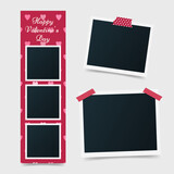 Different size of set blank photo picture frames on Valentine's day. Photo booth, instant photos mockup glued with color adhesive tape. Photo template for Scrapbook. Vector illustration