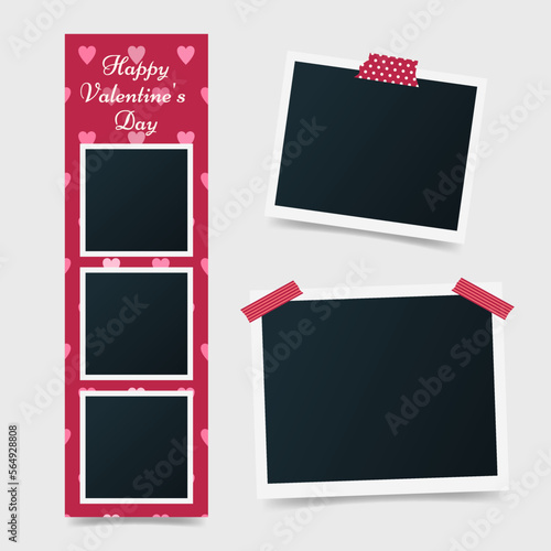 Different size of set blank photo picture frames on Valentine's day. Photo booth, instant photos mockup glued with color adhesive tape. Photo template for Scrapbook. Vector illustration