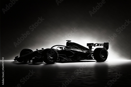 Side view silhouette of a modern generic sports racing car standing in a dark garage , generative AI © ROYALE