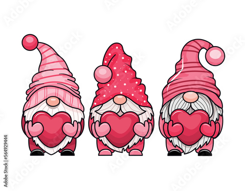 Three adorable cartoon valentine gnomes holding hearts. Vector illustration. Isolated on white background