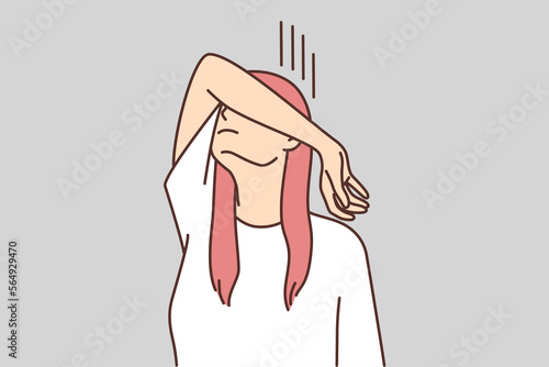 Unhappy woman hide face feeling depressed