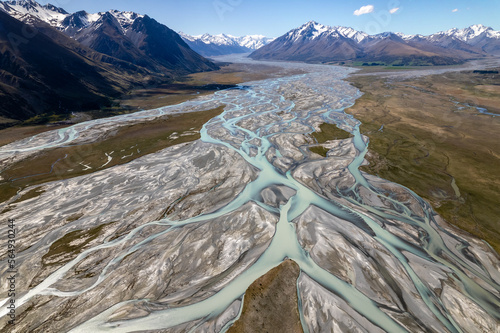 Godley river braids running down towards the mountains.  photo