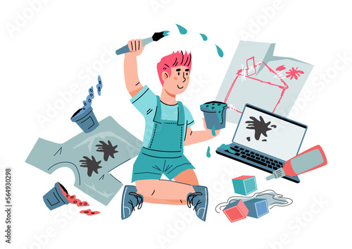 Dirty naughty hyperactive child plays and makes a mess. Kids discipline and disobedience, naughtiness, mischief and behavioral problems, flat vector illustration isolated on white background.