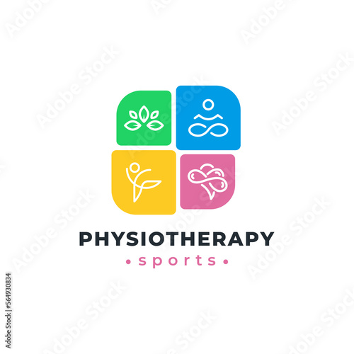 Sports physiotherapy logo icon design template vector illustration. Lotus, yoga, run, brain psychology.