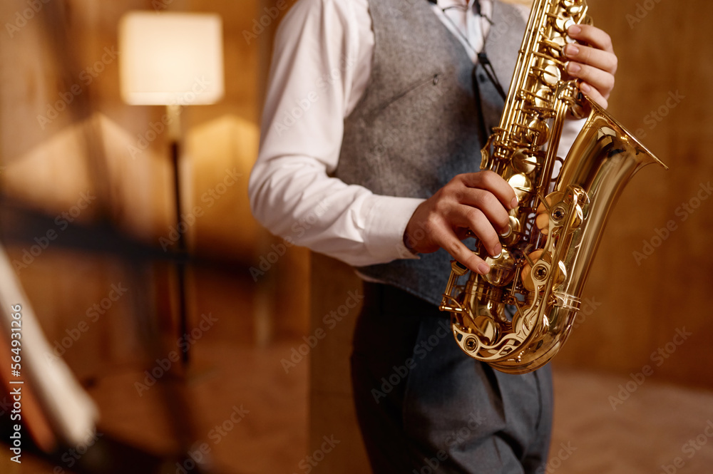 Naklejka premium Cropped shot of young musician standing and playing saxophone