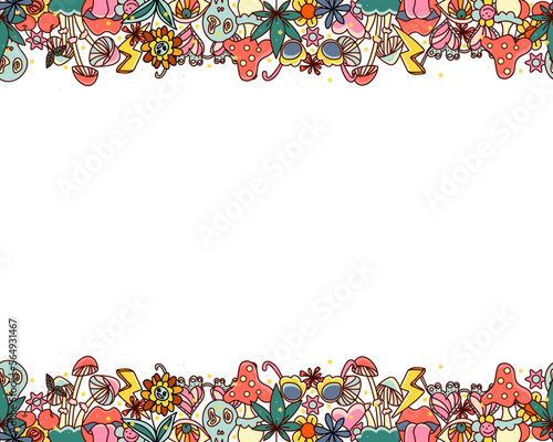 Colorful stylized decorative border.Vector 70s retro background. Psychedelic, hippies style.