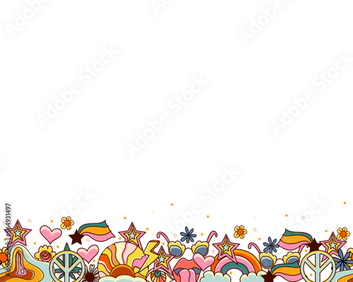 Colorful stylized decorative border.Vector 70s retro background. Psychedelic, hippies style.