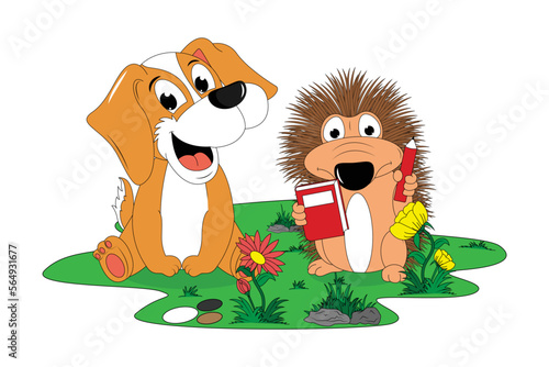 cute porcupine and dog cartoon illustration