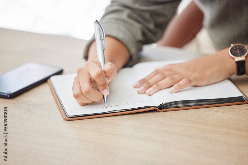 Woman hands, writing and notebook for planning schedule, agenda or list with a pen on an office table. Book, planner or journal with creative ideas, strategy or goals as inspiration for writer person Woman hands, writing and notebook for planning schedule, agenda or list with a pen on an office table. Book, planner or journal with creative ideas, strategy or goals as inspiration for writer person