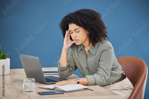 Business, laptop and black woman with headache, stress and burnout in office, overworked and deadline. Corporate, African American female employee and tired leader with pain, depression or frustrated