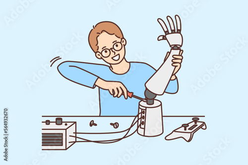 Smart boy develop robot in science lab 