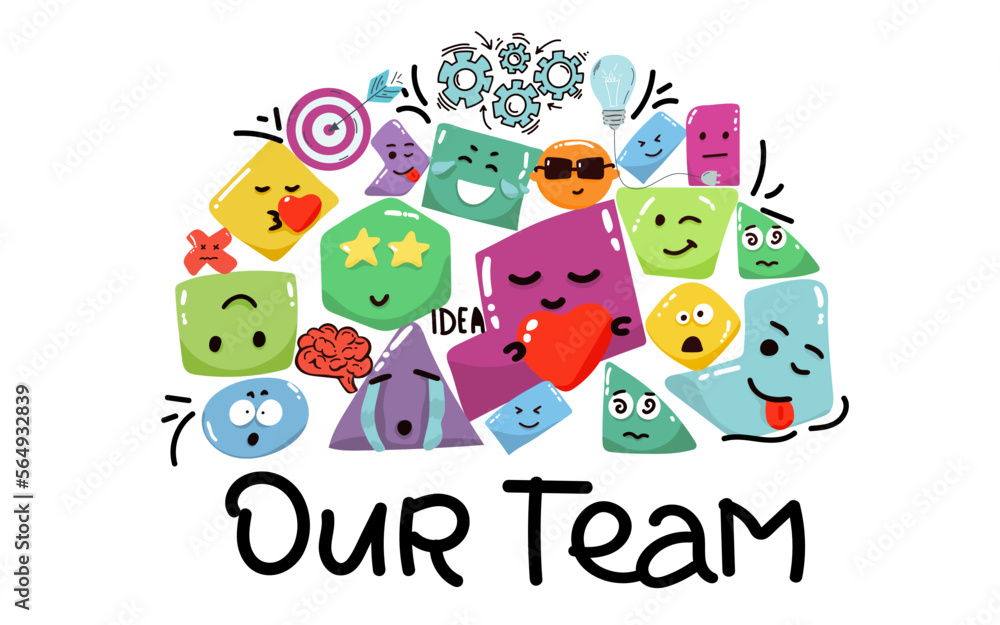 Business concept. Team metaphor. Geometric character shapes with face emotions, different cartoon basic figures. Cute colorful shapes Symbol of teamwork, cooperation, partnership vector Business concept. Team metaphor. Geometric character shapes with face emotions, different cartoon basic figures. Cute colorful shapes Symbol of teamwork, cooperation, partnership vector