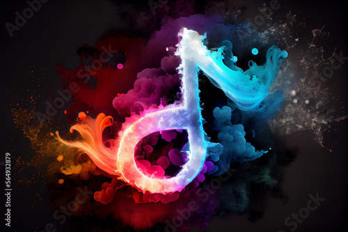 Abstract musical note symbol painting, dark background. Generative AI.