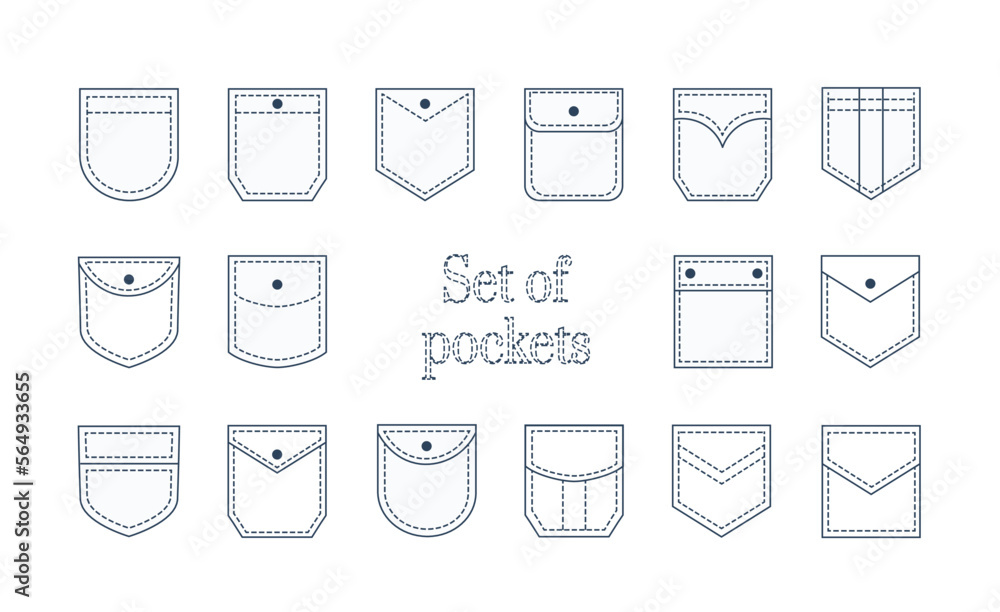 Pocket patches. Textile uniform blue pockets shapes for clothes bag vector pictures collection.