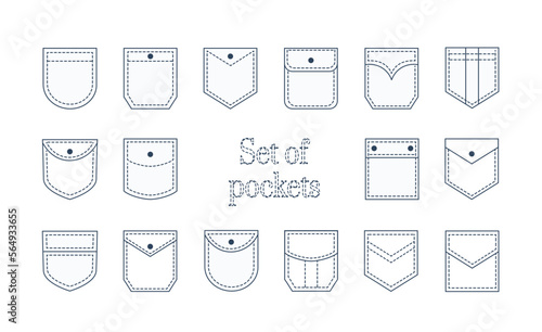 Pocket patches. Textile uniform blue pockets shapes for clothes bag vector pictures collection.