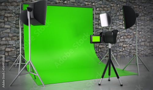 Photography equipments with green screen backdrop curtain. 3D illustration photo