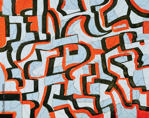 An abstract painting with randomly shaped  red and black elements.
