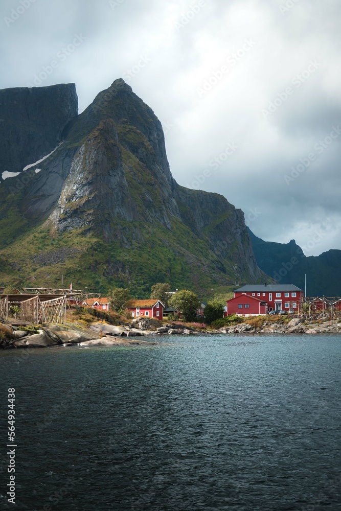Lofoten Islands, Norway, town of Hamnoy and Reine on a partly cloudy day. Norway fjords