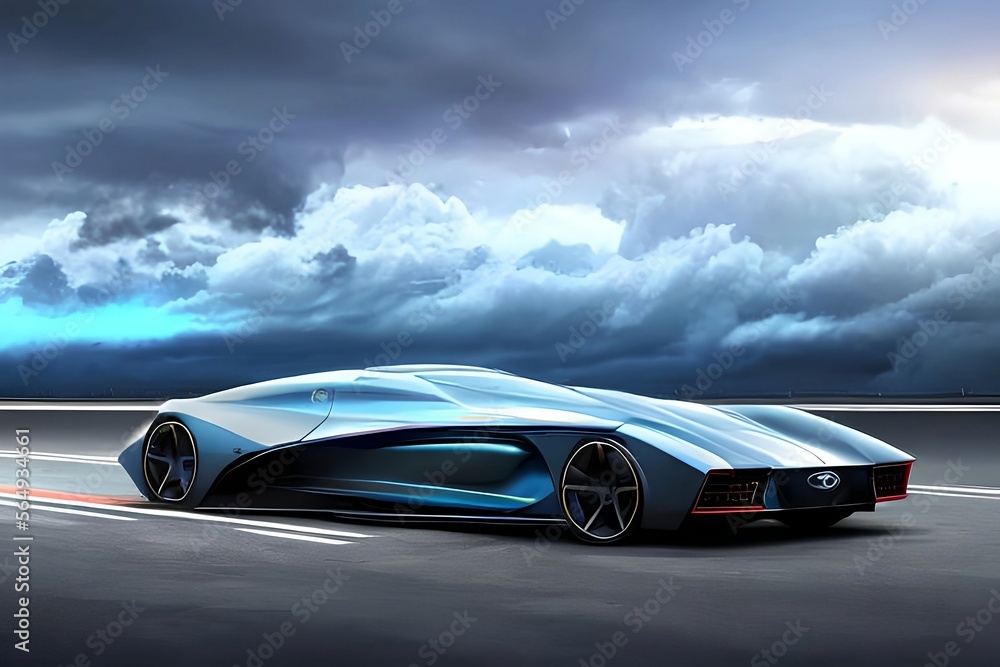 Futuristic car on the road with clouds background generative AI illustration.