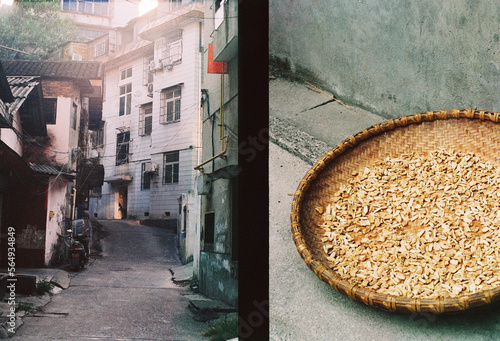 Residential buildings & Sun dried radish in a sieve photo