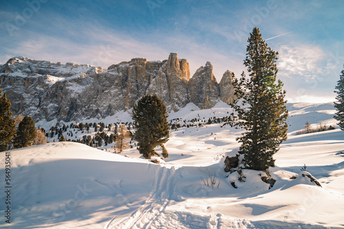 Beautiful view to the Sellaronda - the largest ski carousel in Europe - skiing the four most famous passes in the Dolomites, Italy; extraordinary snowy peaks of the dolomites, southern alps photo
