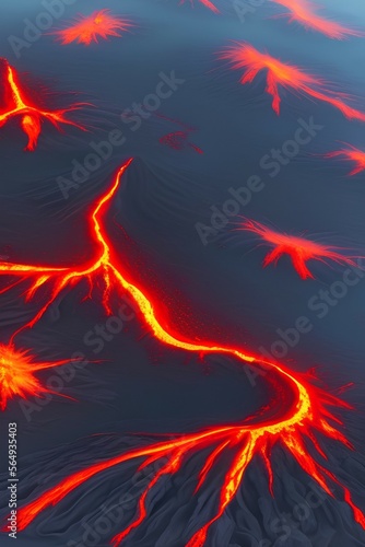 Lava Flows on active volcano aerial view - generative ai