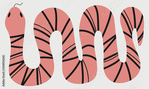 Abstract hand drawn vector illustration with a funny snake. Pink and black snake on a white background. Trendy boho style design for social networks, web or print for clothes.