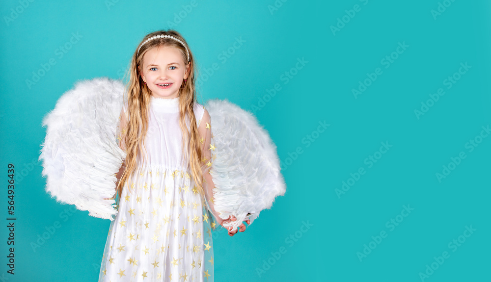 Valentines day banner with angel child. Angel kid with blonde curly hair. Beautiful little angel. Portrait of beautiful angel little girl with angels wings. Valentines day banner with angel child. Angel kid with blonde curly hair. Beautiful little angel. Portrait of beautiful angel little girl with angels wings.
