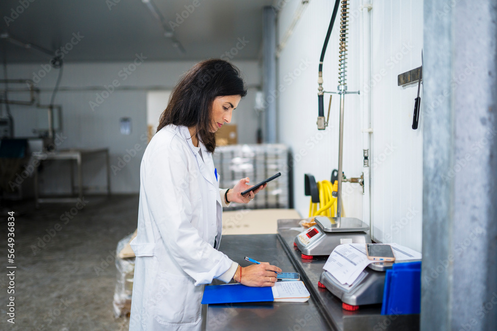 Hispanic woman making notes in factory workshop Hispanic woman making notes in factory workshop
