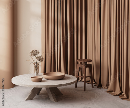 Stool with coffee table, decor in room interior with brown curtains