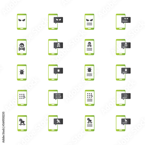 Malware notification on mobile phone. Virus, malware, email fraud, e-mail spam, phishing scam, hacker attack concept. Vector illustration. Icons set. 