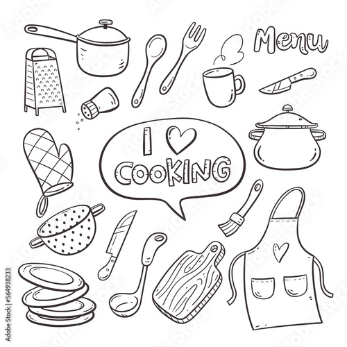 Doodle kitchen tools and appliances. Cute illustration with isolated cooking objects in vector format. Kitchen utensils collection. Illustration 2 of 2.