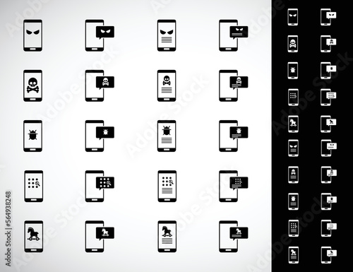 Malware notification on mobile phone. Virus, malware, email fraud, e-mail spam, phishing scam, hacker attack concept. Vector illustration. Icons set.	