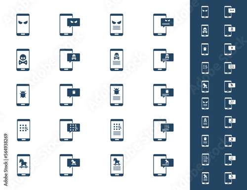 Malware notification on mobile phone. Virus, malware, email fraud, e-mail spam, phishing scam, hacker attack concept. Vector illustration. Icons set.	