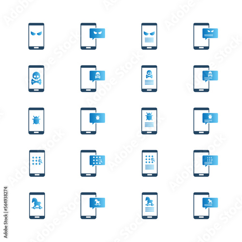 Malware notification on mobile phone. Virus, malware, email fraud, e-mail spam, phishing scam, hacker attack concept. Vector illustration. Icons set.	
