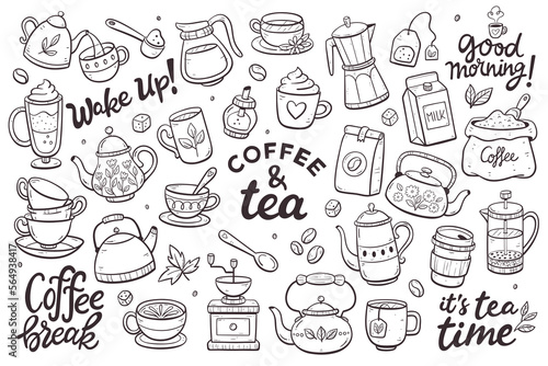 Collection of coffee and tea products. Doodle cliparts of teapots, cups, coffee, herbal teas... Isolated objects on a white background. Background to create patterns or use the objects individually.