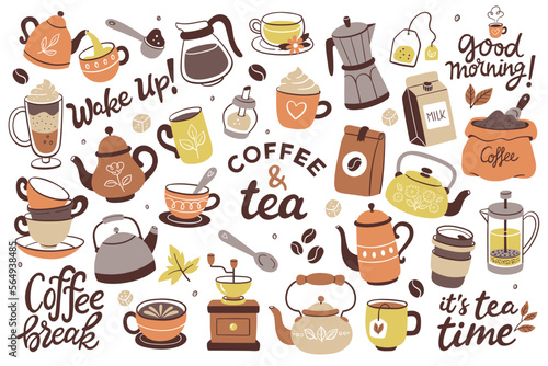 Collection of coffee and tea products. Colorful cliparts of teapots, cups, coffee, herbal teas... Isolated objects on a white background. Background to create patterns or use the objects individually.