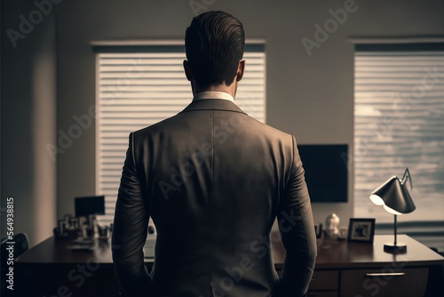 Businessman in office back view, luxury office room, Generative ai
