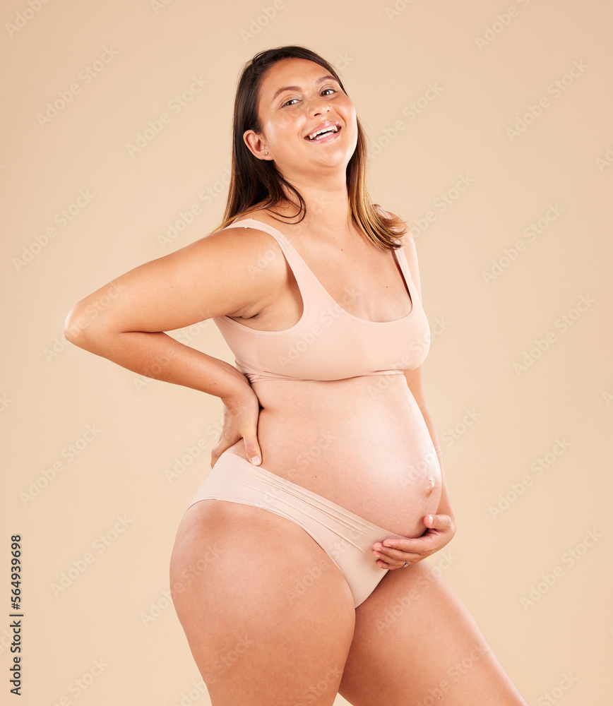 Laughing, body or holding pregnancy stomach in underwear on studio background protection, woman love or baby support. Smile, happy or funny pregnant mother with belly or joke on mock up Laughing, body or holding pregnancy stomach in underwear on studio background protection, woman love or baby support. Smile, happy or funny pregnant mother with belly or joke on mock up