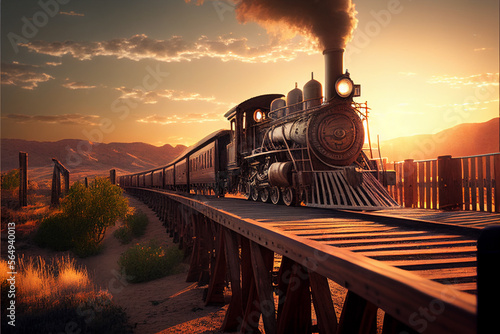 A steam locomotive from the times of the Wild West rides over a wooden bridge. AI generated. photo