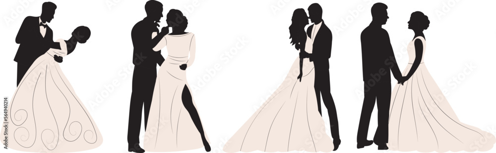 set of bride and groom with veil silhouette, isolated vector set of bride and groom with veil silhouette, isolated vector