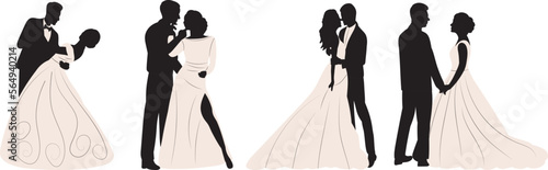set of bride and groom with veil silhouette, isolated vector
